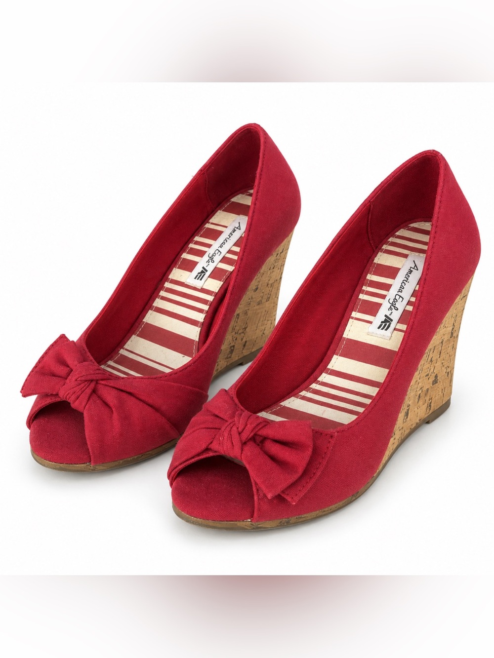 American Eagle Red Bow Peep Toe Cork Wedges Women’s 9 Coquette